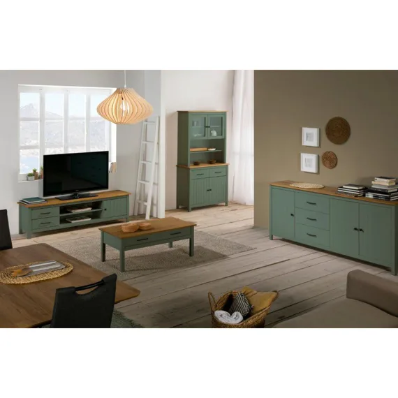 Olivově zelená borovicová vitrína Marckeric Miranda 180 x 90 cm